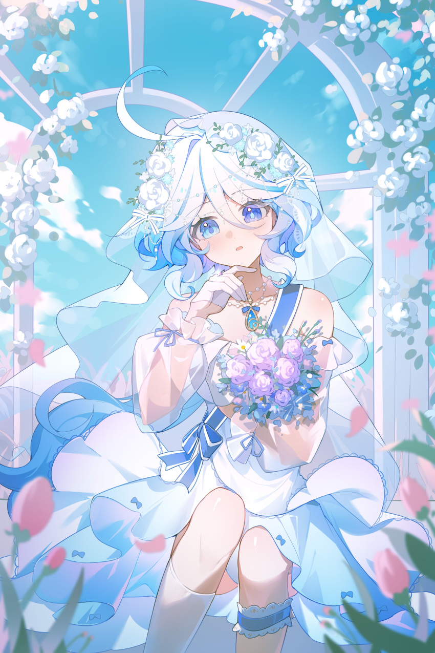 1girl, absurdres, alternate_costume, arch, bare_shoulders, blue_eyes, blue_hair, blue_sash