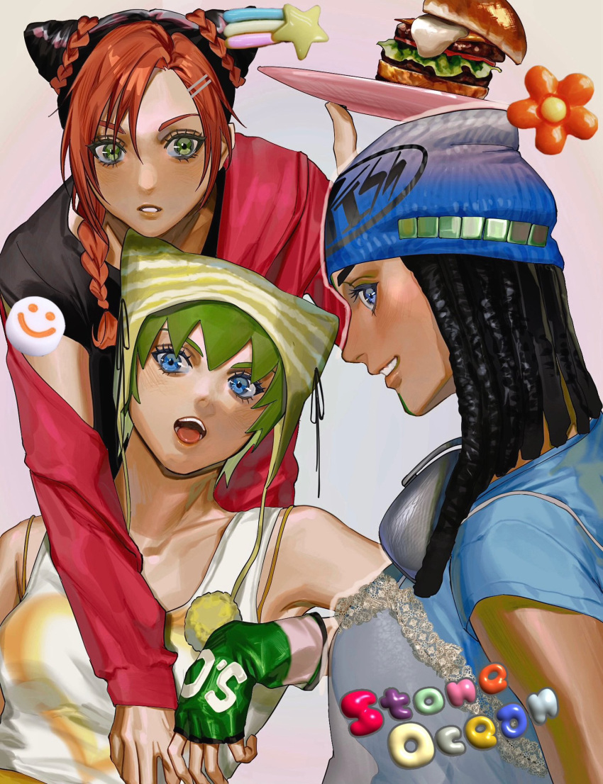 3girls, black_hair, black_shirt, blue_beanie, blue_eyes, braid, braided_ponytail, burger