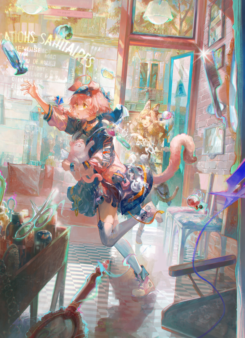 2girls, absurdres, ahoge, animal, animal_ears, arknights, arm_up, bandaid