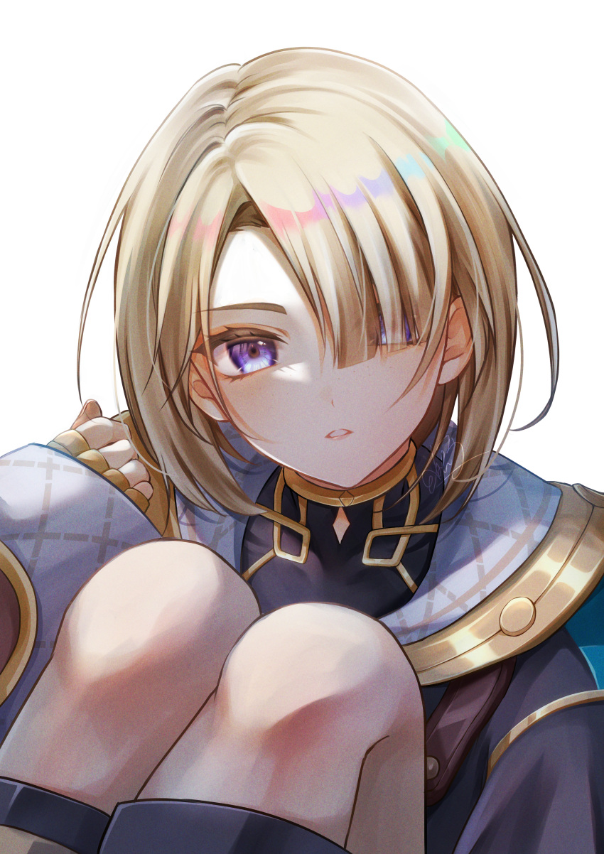 1boy, absurdres, black_footwear, black_jacket, black_skirt, blonde_hair, blue_eyes, boots, clenched_hand, eyeshadow, freckles, freminet_(genshin_impact), genshin_impact, gold_trim, hair_over_one_eye, hand_up, head_tilt, highres, jacket, jewelry, knee_boots, knees_to_chest, light_blush, looking_at_viewer, makeup, multiple_rings, netarou_(netarou_25), otoko_no_ko, parted_lips, pink_eyeshadow, ring, short_hair, simple_background, sitting, skirt, teeth, upper_body, white_background