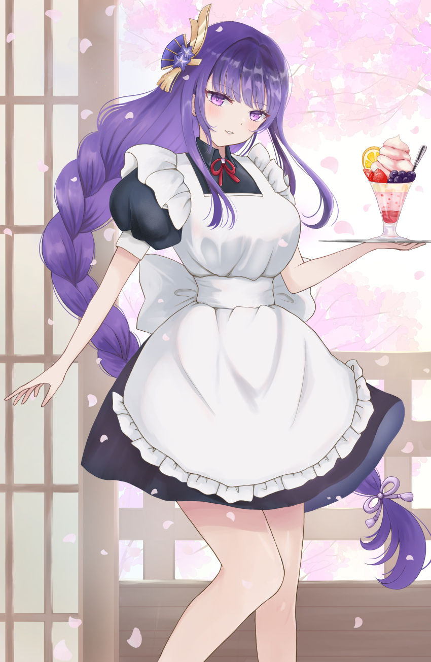 1girl, a_ekoa, absurdres, alternate_costume, apron, black_dress, blunt_bangs, braid, commentary, cowboy_shot, dress, falling_petals, feet_out_of_frame, genshin_impact, hair_ornament, hand_up, highres, holding, holding_tray, leaf_hair_ornament, light_blush, long_hair, looking_at_viewer, parted_lips, petals, puffy_short_sleeves, puffy_sleeves, purple_hair, raiden_shogun, short_sleeves, smile, solo, tray, very_long_hair, violet_eyes, waitress, white_apron