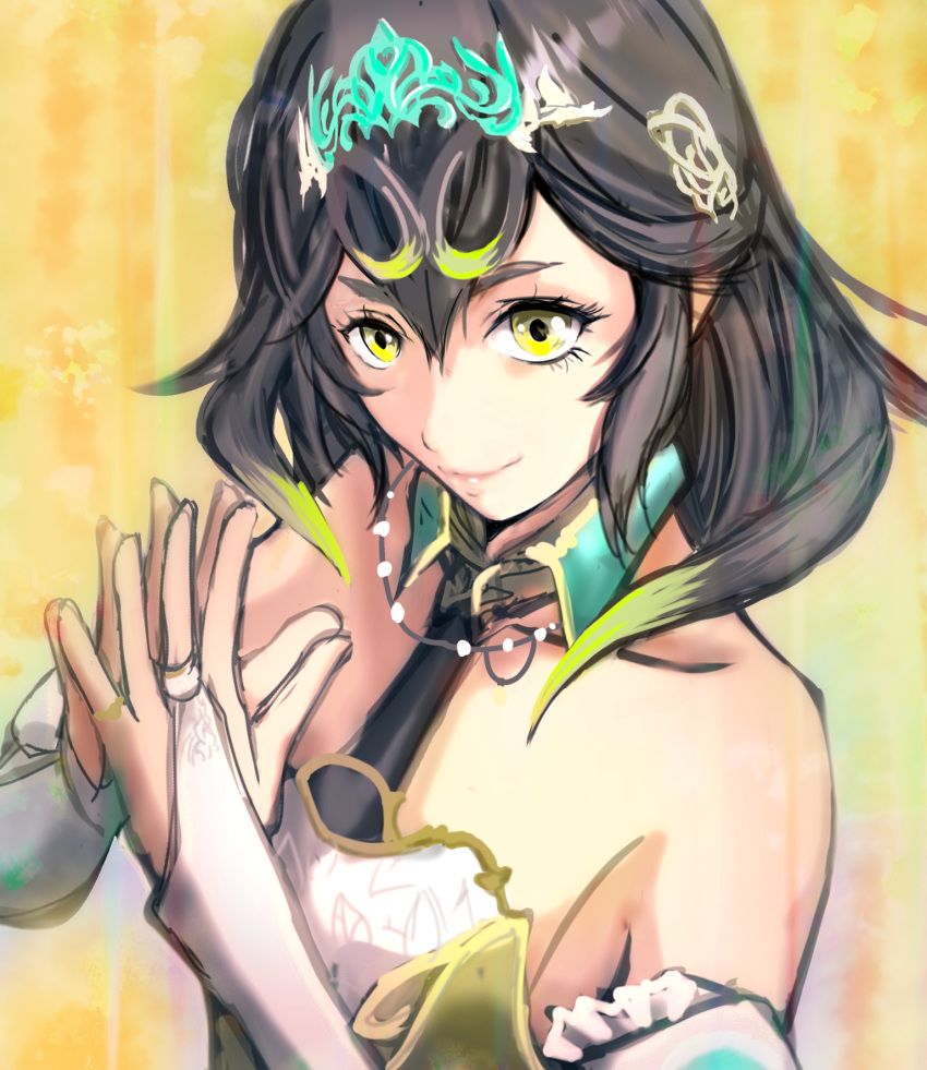 1girl, bare_shoulders, bridal_gauntlets, closed_mouth, collarbone, eyelashes, final_fantasy, final_fantasy_xiv, green_hair, grey_hair, hair_between_eyes, hands_up, highres, hiro_gxan5583, hyur, medium_hair, multicolored_hair, own_hands_together, smile, solo, sphene_(ff14), tiara, two-tone_hair, upper_body, white_bridal_gauntlets, yellow_eyes