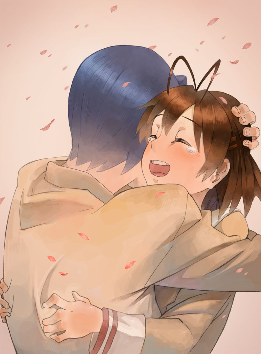 1boy, 1girl, brown_hair, chiro., clannad, closed_eyes, furukawa_nagisa, highres, hug, okazaki_tomoya, school_uniform, short_hair, tears, winter_uniform