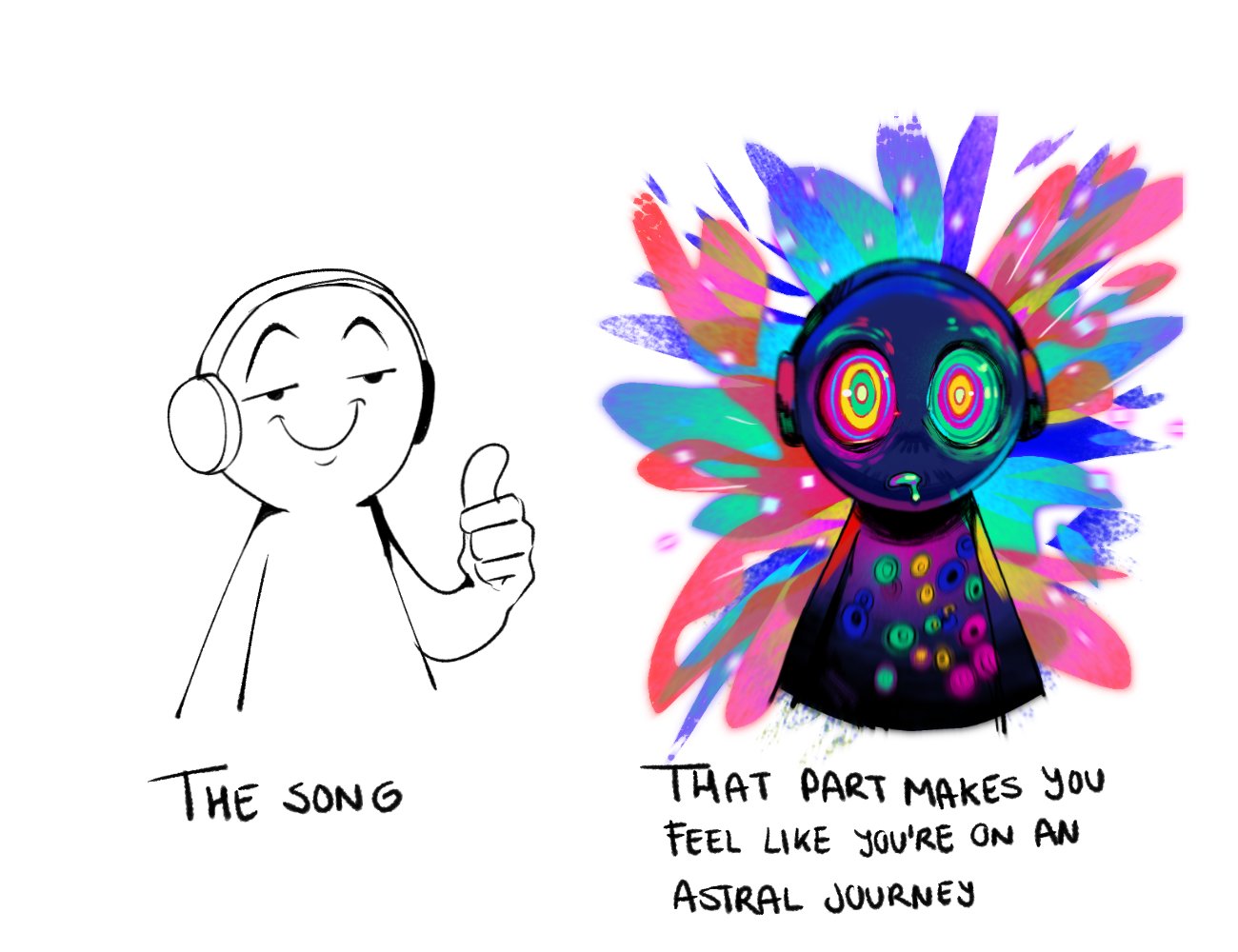 closed_mouth, commentary, drooling, english_commentary, english_text, geryghosty, headphones, listening_to_music, looking_at_viewer, meme, multicolored_eyes, original, simple_background, smile, thumbs_up, white_background