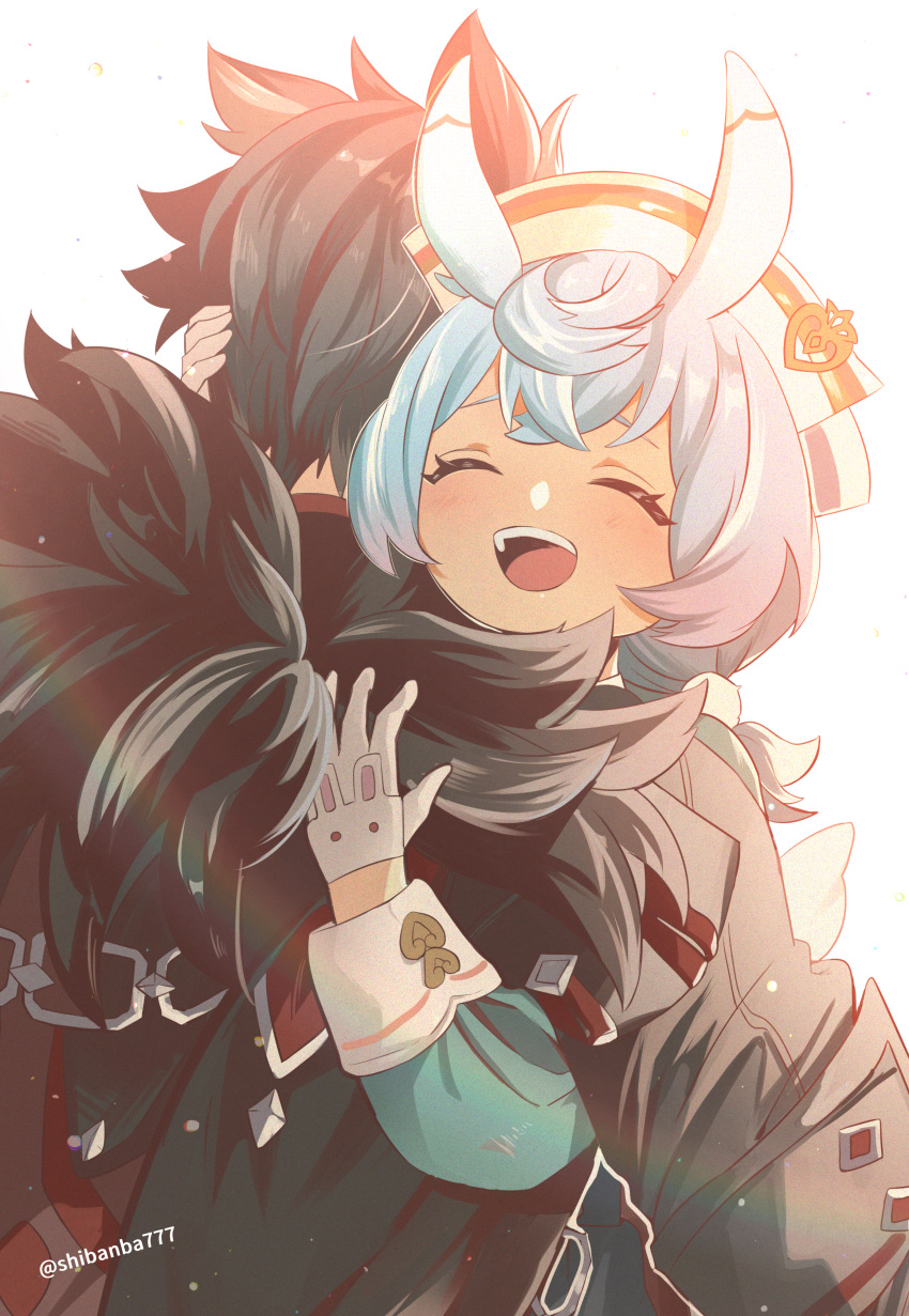 1boy, 1girl, :d, ^_^, absurdres, animal_ears, aqua_shirt, artist_name, backlighting, black_coat, black_hair, black_shirt, blue_hair, blush, closed_eyes, coat, coat_on_shoulders, commentary_request, crossed_bangs, eyelashes, facing_away, from_behind, fur-trimmed_coat, fur_trim, genshin_impact, gloves, gradient_hair, grey_hair, hair_between_eyes, hair_ornament, happy, hat, highres, hug, light_particles, long_sleeves, low_twintails, medium_hair, multicolored_hair, nurse_cap, open_mouth, pom_pom_(clothes), pom_pom_hair_ornament, puffy_long_sleeves, puffy_sleeves, purple_hair, raised_eyebrows, shiba_(tonari_no_shiba_inu), shirt, short_hair, short_sleeves, sidelocks, sigewinne_(genshin_impact), simple_background, smile, streaked_hair, teeth, twintails, twitter_username, upper_teeth_only, white_background, white_gloves, white_hat, wriothesley_(genshin_impact)
