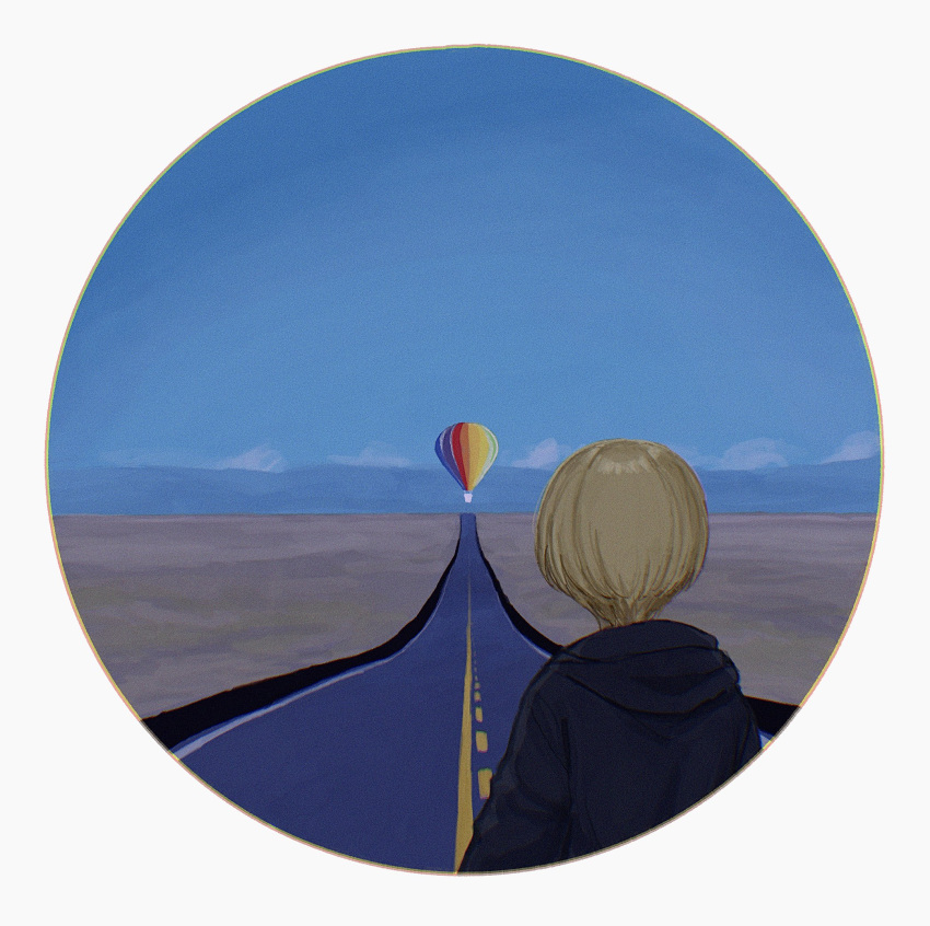 1girl, aircraft, autorefractor_test, black_hoodie, blonde_hair, blue_sky, chiyoko_(tykchiyo), from_behind