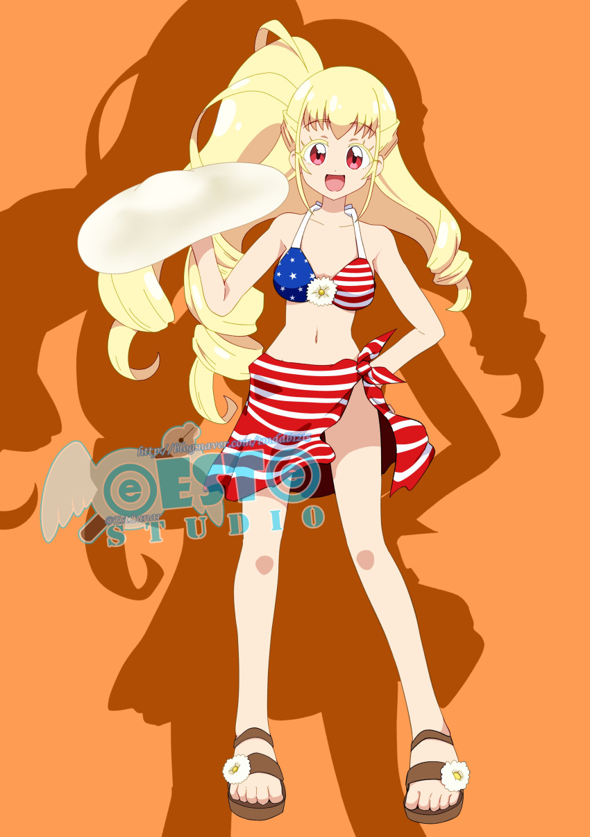 @est@, absurdres, american_flag, american_flag_bikini, american_flag_print, bikini, blonde_hair, flag_print, flower, highres, kagayaki_alice, kiratto_pri_chan, navel, open_mouth, pretty_series, print_bikini, red_eyes, sandals, shadow, signature, swimsuit, watermark