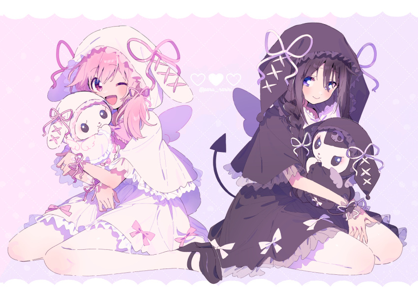 akemi_homura, alternate_costume, angel_wings, animal_ear_hood, animal_ears, animal_hug, argyle_background, black_capelet