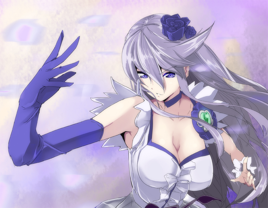 breasts, cleavage, cure_moonlight, date_(artist), elbow_gloves, gloves, heartcatch_precure!, magical_girl, precure, purple_eyes, purple_hair, solo, tsukikage_yuri, violet_eyes