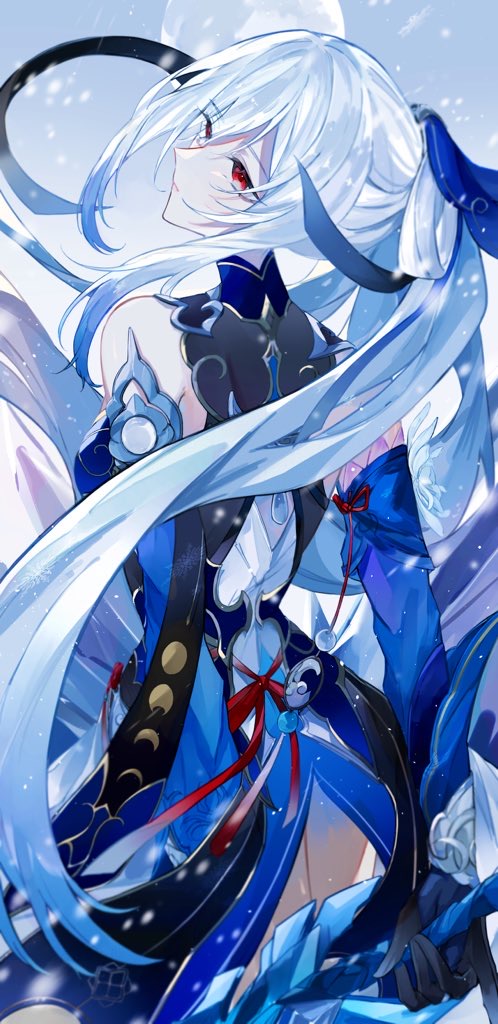 1girl, black_blindfold, black_gloves, blindfold, blue_dress, blue_hair, blue_sleeves, crystal_sword