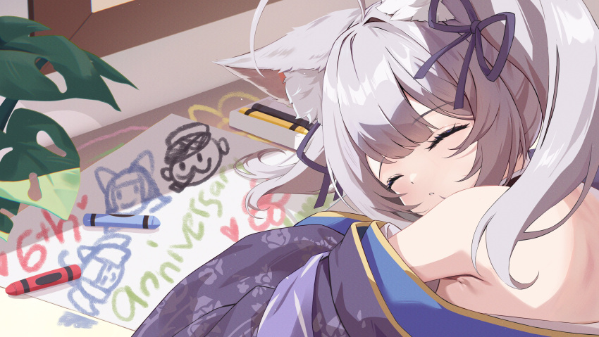 1girl, absurdres, ahoge, animal_ear_fluff, animal_ears, azur_lane, bare_shoulders, blue_kimono, blue_ribbon, child's_drawing, closed_eyes, crayon, drawing_(object), fox_ears, fox_girl, gold_trim, grey_hair, hair_ribbon, highres, huge_ahoge, indoors, japanese_clothes, kimono, kitsune, paper, plant, potted_plant, ribbon, sakkisana, shinano-chan_(azur_lane), sleeping, solo