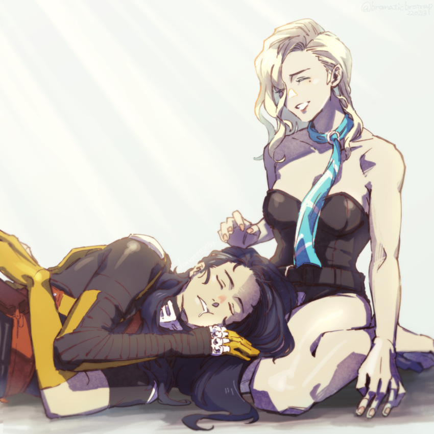 1boy, 1girl, aleph_(megami_tensei), armor, bare_pectorals, bare_shoulders, barefoot, black_armor, black_corset, black_gloves, black_hair, black_jacket, blonde_hair, closed_eyes, corset, crossed_arms, facing_to_the_side, gloves, hand_on_another's_thigh, hand_on_ground, highres, hiroko_(megami_tensei), jacket, kneeling, light_smile, looking_at_another, looking_down, lying, lying_on_lap, lying_on_person, neckerchief, on_side, pectorals, shin_megami_tensei, shin_megami_tensei_ii, sleeping, tori_(bromaticbrotrap), white_background