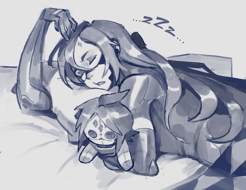 1girl, android, bed, black_hair, button_eyes, buttons, character_doll, decayedparasite