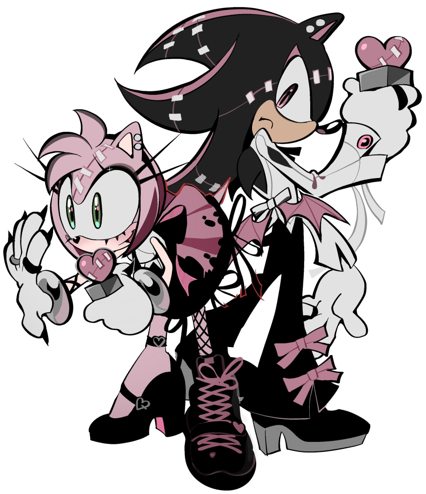 1boy, 1girl, absurdres, amy_rose, animal_ears, animal_nose, ankle_strap, arm_up
