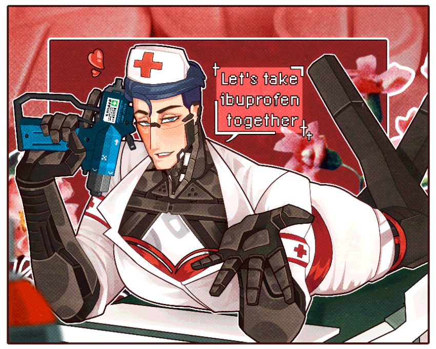 1boy, adler_(signalis), android, armband, bed, belt, blue_eyes, blue_hair, blurry, blurry_background, bra, commentary, crappwr0m, crossdressing, digitigrade, english_commentary, english_text, feet_up, foreshortening, hair_slicked_back, hat, heart, highres, holding_tool, hospital_bed, let's_take_ibuprofen_together_(meme), looking_at_viewer, lying, mechanical_arms, mechanical_legs, meme, miniskirt, nurse, nurse_cap, on_stomach, outstretched_hand, parted_lips, red_bra, short_hair, signalis, skirt, sprayer, trigger_discipline, underwear, white_armband