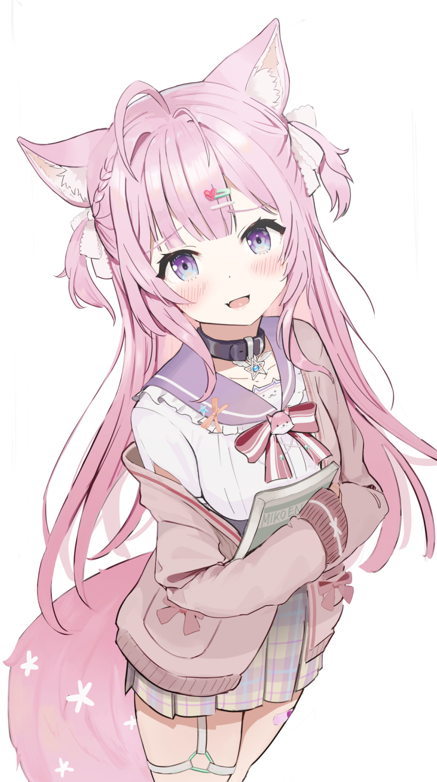 1girl, animal_ear_fluff, animal_ears, antenna_hair, arm_cutout, bandaid_on_thigh, belt, belt_collar, blue_eyes, blush, book, bow, braid, breasts, cardigan, choker, collar, collarbone, fang, flower, frilled_sailor_collar, frills, hair_ornament, hair_ribbon, hairclip, hakui_koyori, hakui_koyori_(4th_costume), heart, heart_hair_ornament, highres, holding, holding_book, hololive, hugging_book, hugging_object, kokoro_(hakui_koyori), large_breasts, long_hair, long_sleeves, looking_at_viewer, o-ring, o-ring_belt, open_mouth, orange_ribbon, pink_bandaid, pink_bow, pink_cardigan, pink_hair, pink_ribbon, pink_sailor_collar, pink_skirt, plaid_clothes, plaid_skirt, pleated_skirt, purple_belt, purple_choker, purple_collar, ribbon, sailor_collar, school_uniform, serafuku, simple_background, skin_fang, skirt, sleeves_past_wrists, smile, solo, standing, star_ornament, taachika, tail, tail_flower, tail_ornament, thigh_belt, thigh_strap, thighs, two-tone_eyes, two-tone_ribbon, two_side_up, violet_eyes, virtual_youtuber, white_background, white_ribbon, white_serafuku, wing_collar, wolf_ears, wolf_girl, wolf_tail