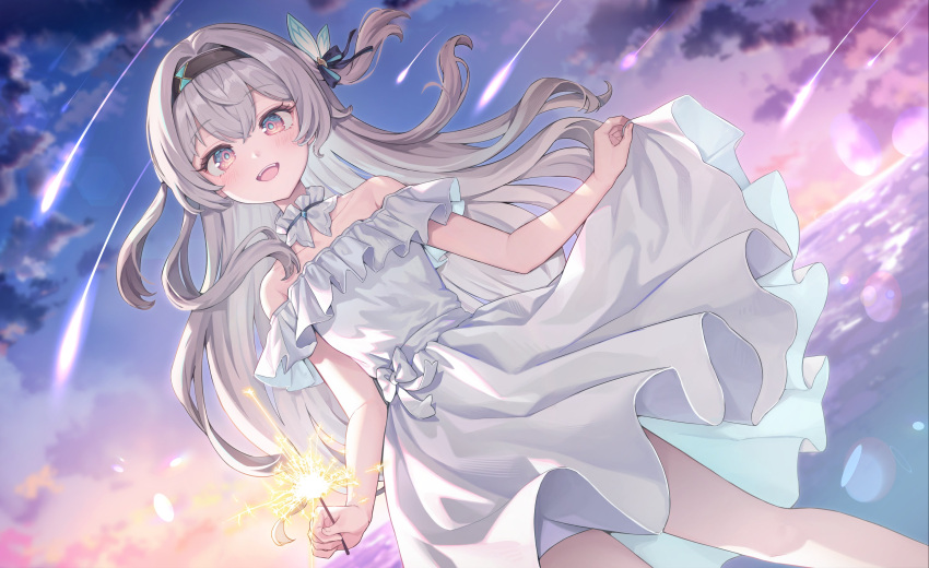 1girl, :d, absurdres, aqua_pupils, bare_shoulders, blue_sky, blush, bow