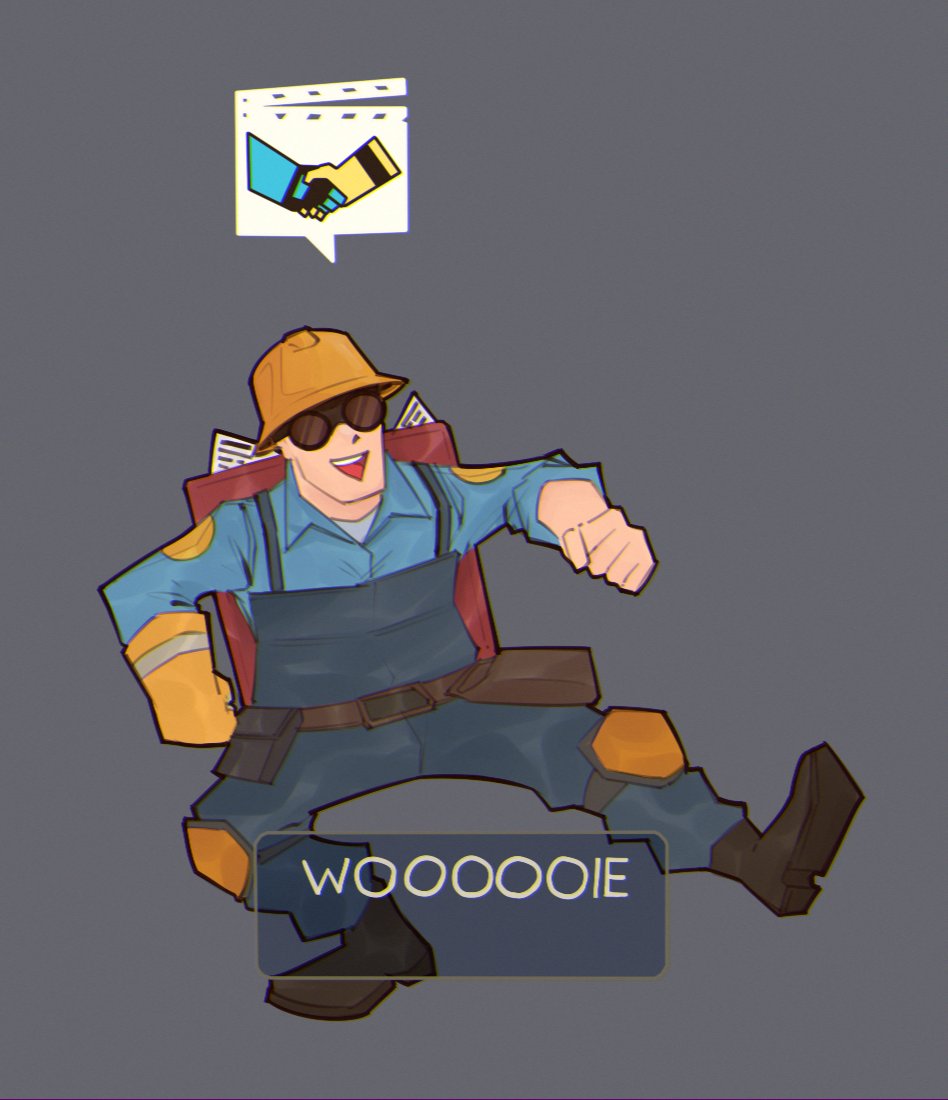 1boy, :d, belt, belt_buckle, black_footwear, blu_engineer_(tf2), blue_overalls, blue_pants