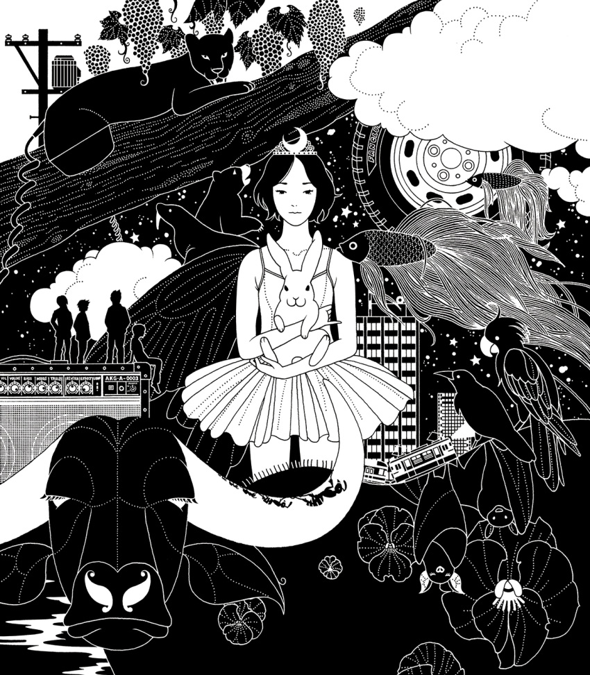 1girl, 4boys, album_cover, amplifier, animal, ant, asian_kung-fu_generation, ballerina