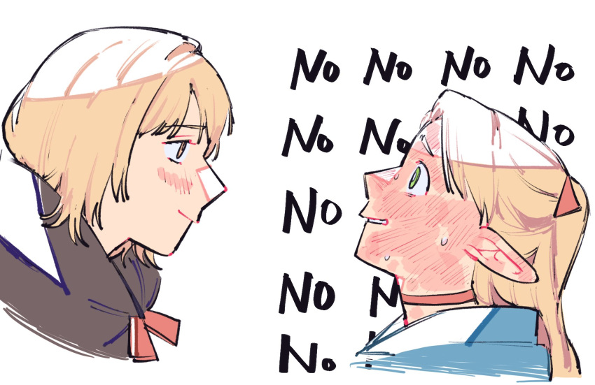 2girls, black_cape, blonde_hair, blue_capelet, blush, cape, capelet, choker