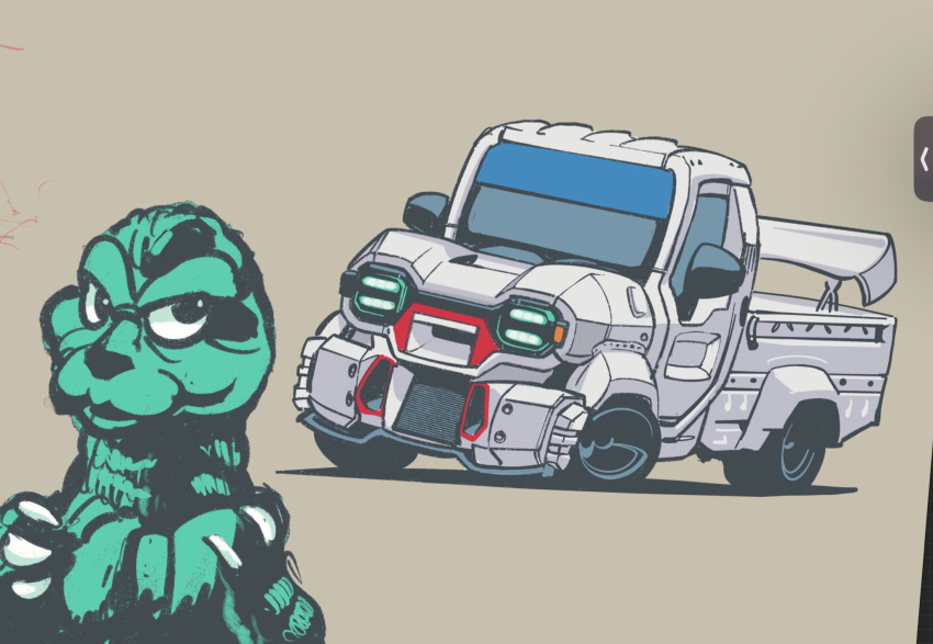 art_program_in_frame, english_commentary, godzilla, godzilla_(series), grey_background, highres, kaiju, motor_vehicle