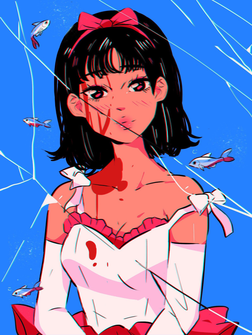 1girl, black_hair, blood, blue_background, blush, closed_mouth, dress, elbow_gloves