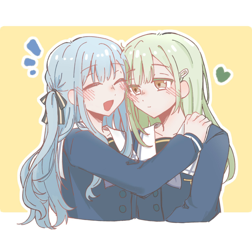 !, 2girls, bang_dream!, bang_dream!_it's_mygo!!!!!, blue_hair, blue_shirt, blush, border