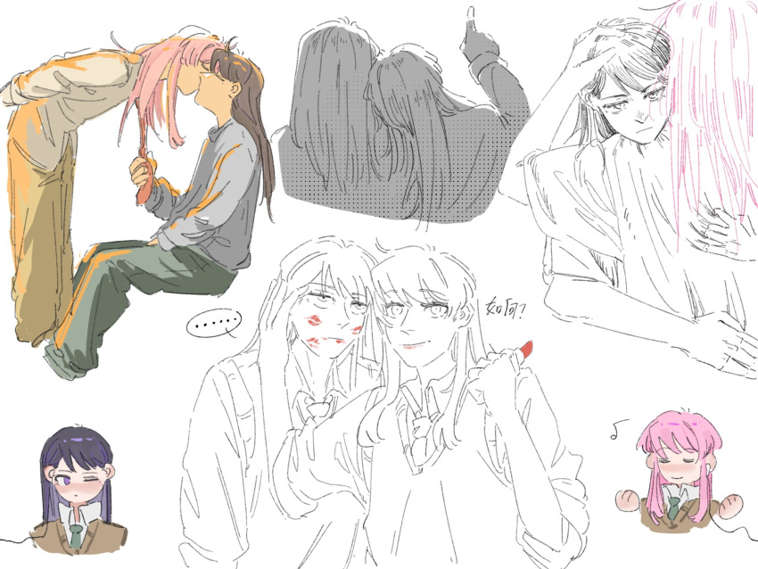 ..., 2girls, bang_dream!, bang_dream!_it's_mygo!!!!!, blush, brown_hair, chihaya_anon, chinese_commentary, closed_eyes, closed_mouth, commentary_request, cosmetics, duck_duck, earphones, earphones, eighth_note, green_necktie, green_pants, grey_shirt, hand_on_another's_back, hand_on_another's_head, haneoka_school_uniform, head_on_another's_shoulder, highres, holding, holding_lipstick_tube, hug, kiss, lipstick_mark, lipstick_mark_on_face, lipstick_tube, long_hair, long_sleeves, looking_at_another, mole, mole_under_eye, multiple_girls, musical_note, necktie, one_eye_closed, pants, pink_hair, pointing, pointing_up, purple_hair, school_uniform, shared_earphones, shiina_taki, shirt, simple_background, spoken_ellipsis, sweater_vest, violet_eyes, white_background, white_shirt, yellow_pants, yuri