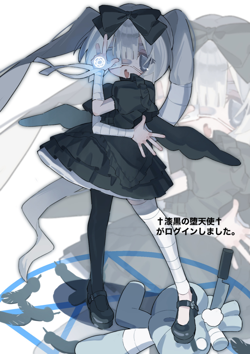 1girl, asymmetrical_legwear, bandage_on_hair, bandaged_arm, bandaged_leg, bandages, black_bow, black_dress