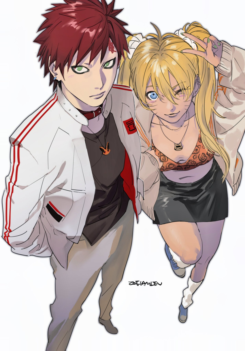 1boy, 1girl, ahoge, arms_behind_back, artist_name, black_shirt, black_skirt, blonde_hair