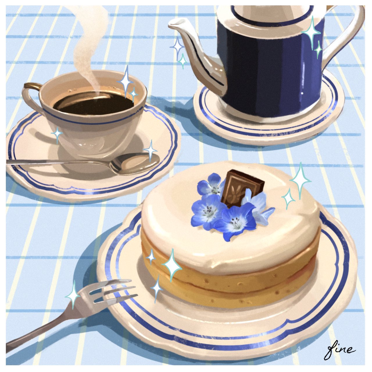 artist_name, blue_flower, cake, chocolate, coffee, cup, fine_9725, flower