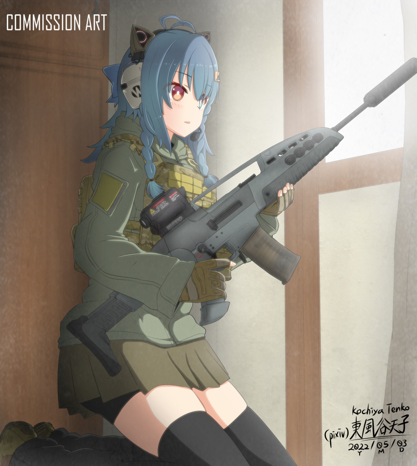 1girl, absurdres, bike_shorts_under_skirt, black_thighhighs, blue_hair, bulletproof_vest, commission, dated