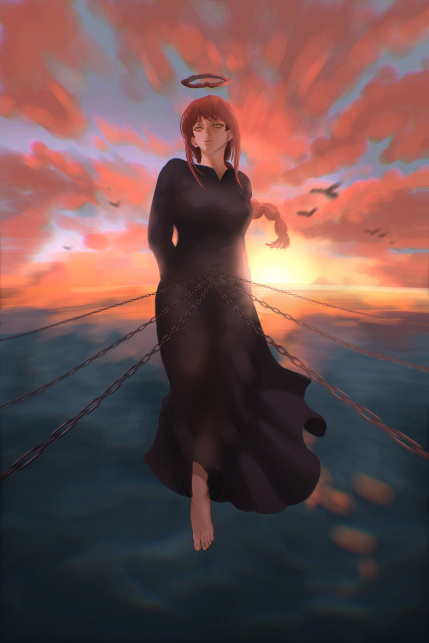 absurdres, animal, barefoot, bird, black_dress, blue_sky, chain, chained