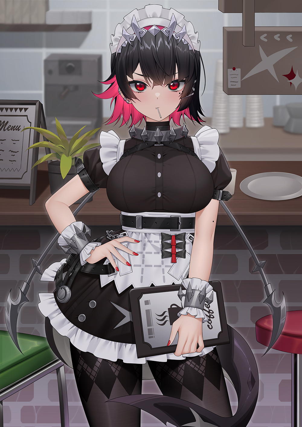 1girl, apron, bar_stool, black_hair, black_pantyhose, black_shirt, black_skirt, breasts