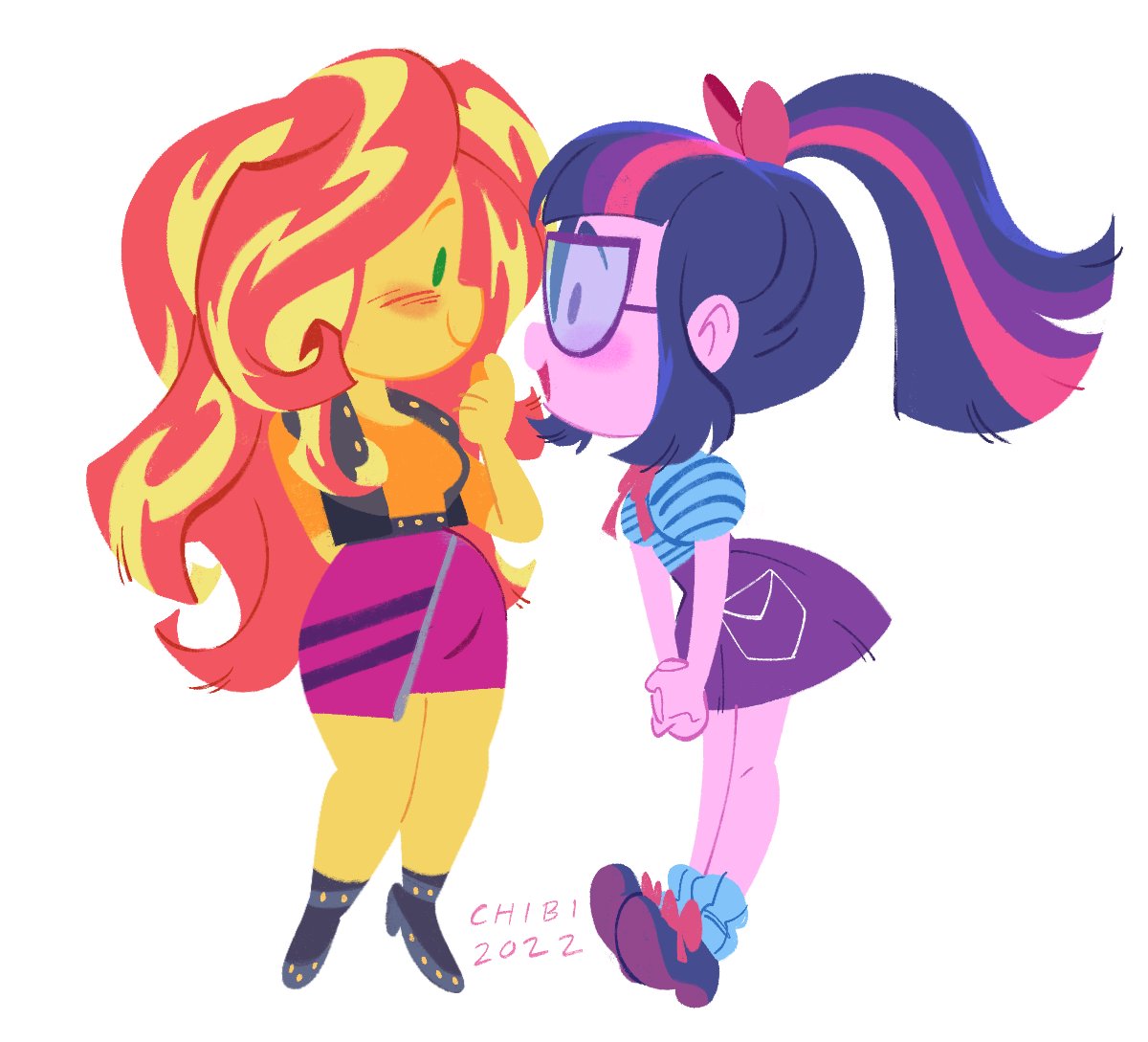 2girls, artist_name, bare_legs, black_footwear, black_jacket, blonde_hair, blush, bow, chibi, chibicmps, closed_mouth, colored_skin, couple, cropped_jacket, dated, from_side, glasses, green_eyes, hair_bow, hair_down, high_ponytail, jacket, leaning_forward, light_smile, long_hair, looking_at_another, multicolored_hair, multiple_girls, my_little_pony, my_little_pony:_equestria_girls, my_little_pony:_friendship_is_magic, open_clothes, open_jacket, open_mouth, orange_shirt, own_hands_together, pink_bow, pink_eyes, purple_footwear, purple_hair, purple_skirt, redhead, sci-twi, shirt, short_sleeves, simple_background, skirt, sleeveless, standing, striped_clothes, striped_shirt, sunset_shimmer_(human), twilight_sparkle, violet_eyes, wavy_hair, white_background, yellow_skin, yuri