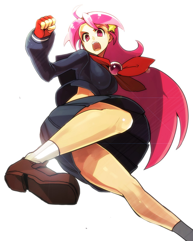 :o, angry, asamiya_athena, breasts, fingerless_gloves, from_below, gloves, kicking