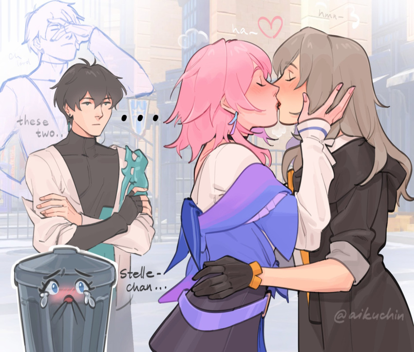 ..., 1boy, 2girls, aikuchin, black_gloves, black_hair, black_jacket, blue_jacket