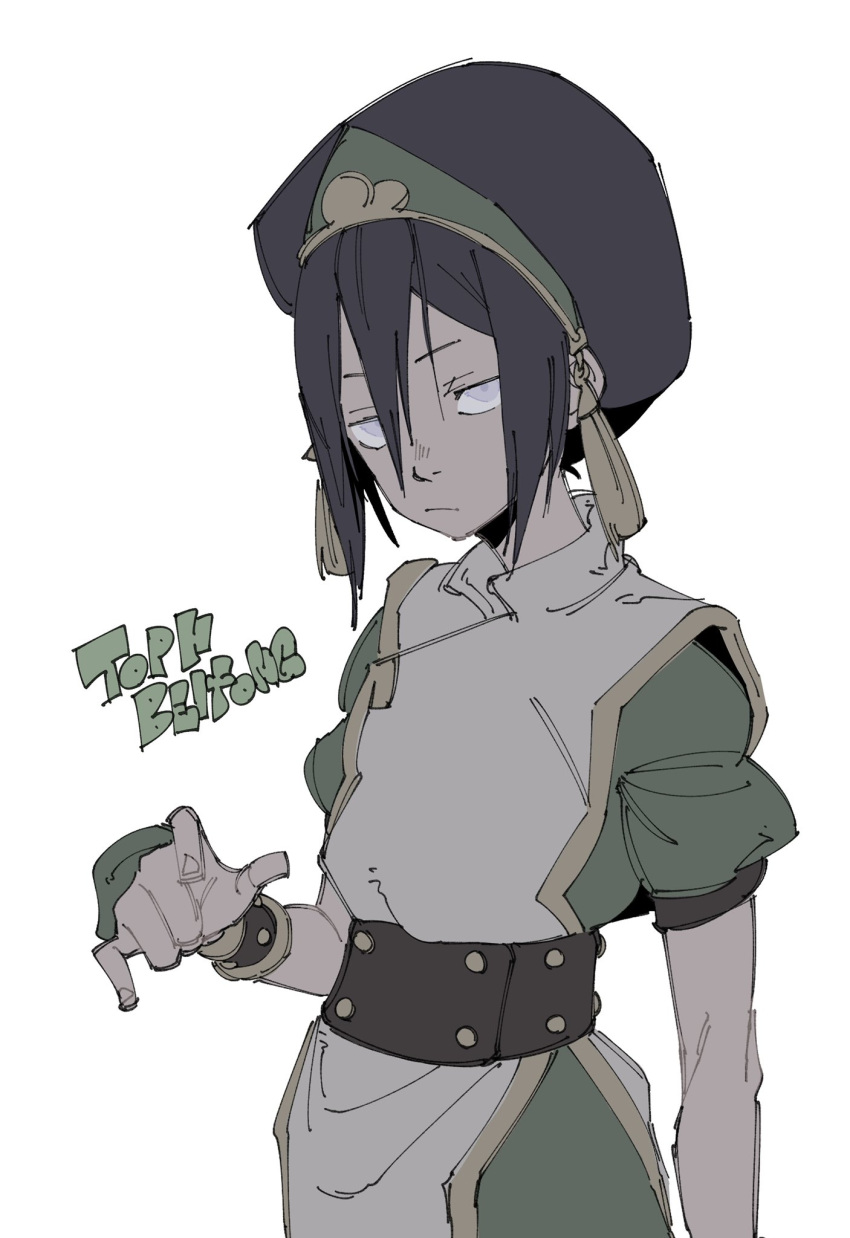 1girl, avatar:_the_last_airbender, avatar_legends, belt, black_hair, blind, bracelet, character_name