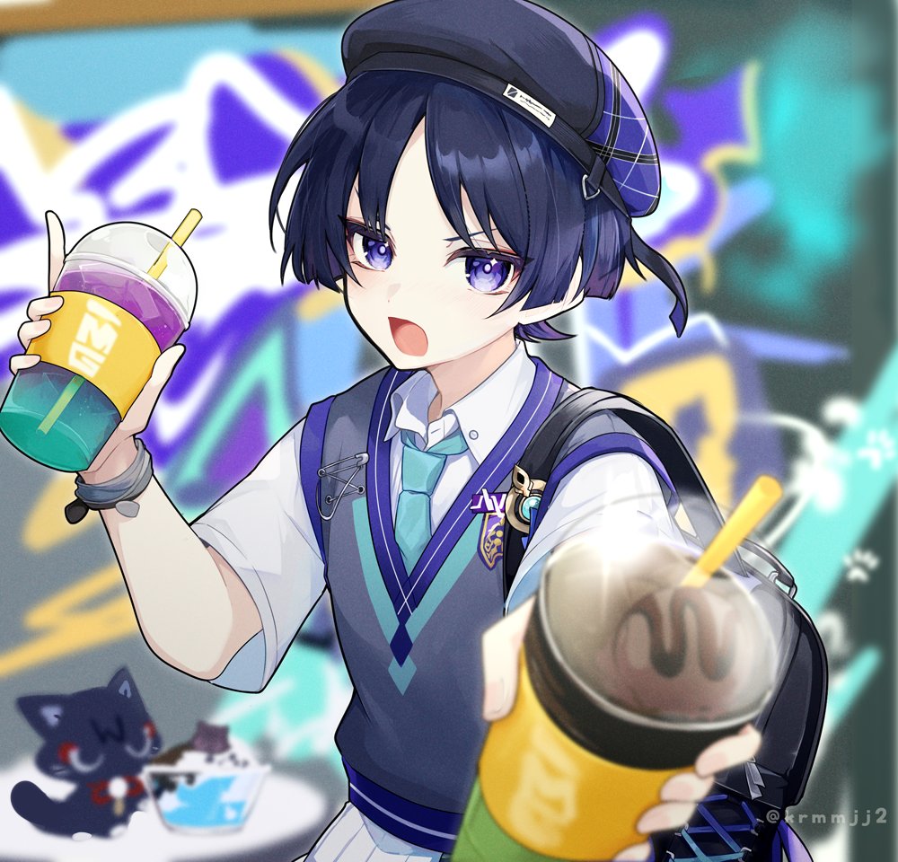 1boy, aqua_necktie, beret, collared_shirt, cup, genshin_impact, hat, holding