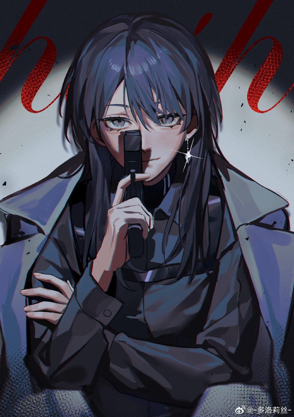 1girl, aiming_up, black_hair, black_shirt, black_undershirt, chest_harness, chief_(path_to_nowhere), coat