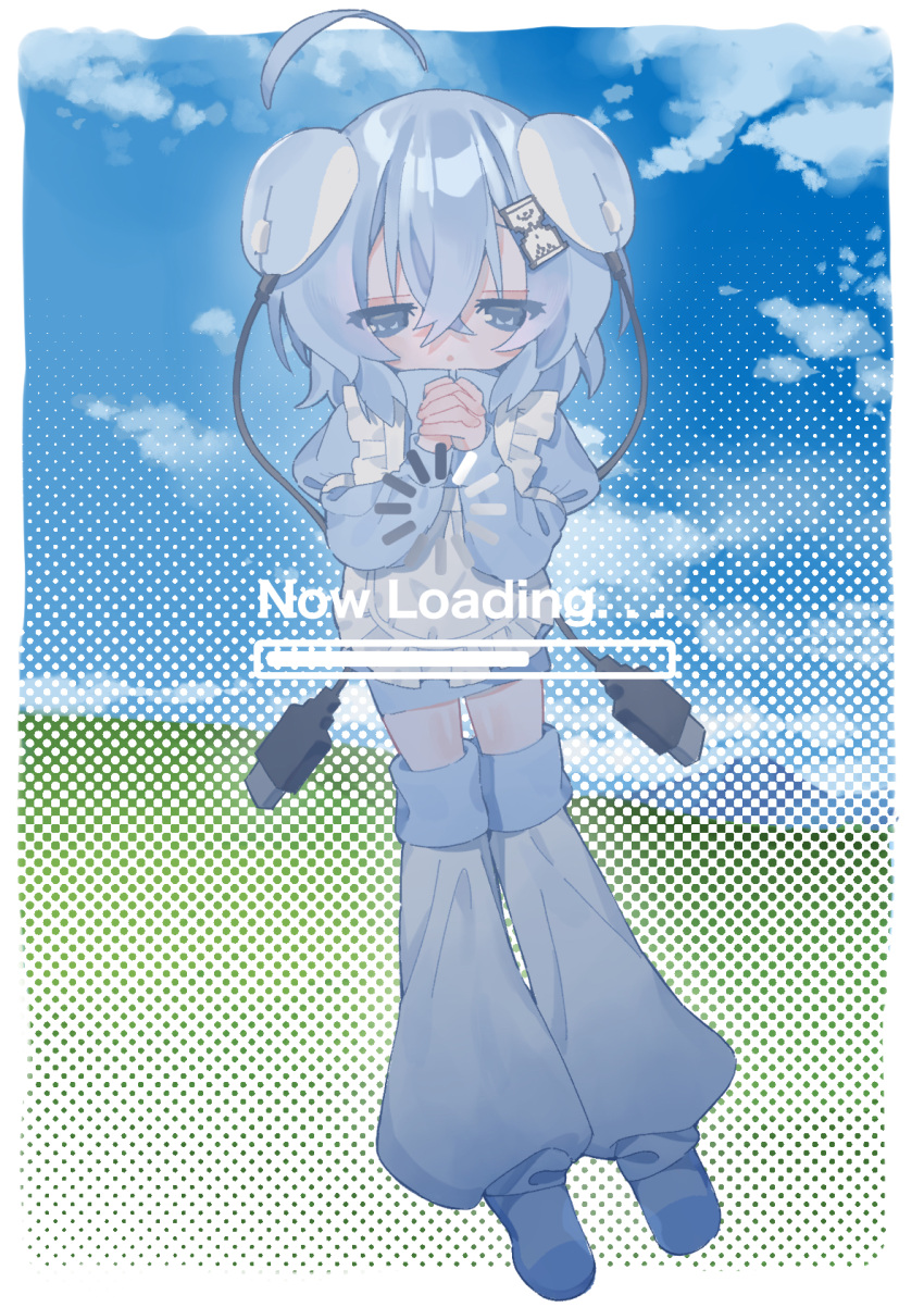 1girl, ahoge, apron, bliss_(image), blue_eyes, blue_hair, blue_jacket, blue_sky, border, clouds, cloudy_sky, commentary, computer_mouse, day, detached_ahoge, english_commentary, english_text, full_body, hair_between_eyes, hair_ornament, half-closed_eyes, halftone, halftone_background, hands_up, highres, hill, hourglass, jacket, jersey_maid, leg_warmers, loading_icon, long_sleeves, looking_at_viewer, maid, maid_apron, medium_hair, microsoft_windows, original, outside_border, own_hands_clasped, own_hands_together, progress_bar, shoes, sky, sleeve_garter, solo, taiji_(taiji_0), tenshi_kaiwai, unconventional_maid, usb, white_apron, white_border, white_leg_warmers, windows_xp