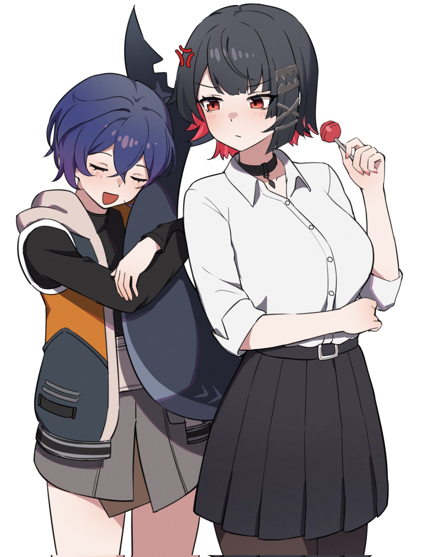 2girls, :d, anger_vein, belle_(zenless_zone_zero), black_hair, black_skirt, blue_hair, candy, ellen_joe, fins, fish_tail, food, highres, holding, holding_candy, holding_food, holding_lollipop, hugging_another's_tail, hugging_tail, iffyru, lollipop, long_sleeves, multiple_girls, pantyhose, pleated_skirt, redhead, shark_tail, shirt, short_hair, simple_background, skirt, smile, standing, tail, white_background, white_shirt, zenless_zone_zero