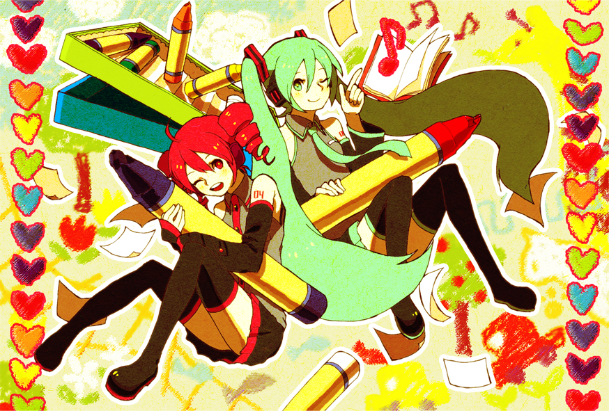 ahoge, bad_id, child_drawing, crayon, detached_sleeves, drill_hair, green_eyes, green_hair