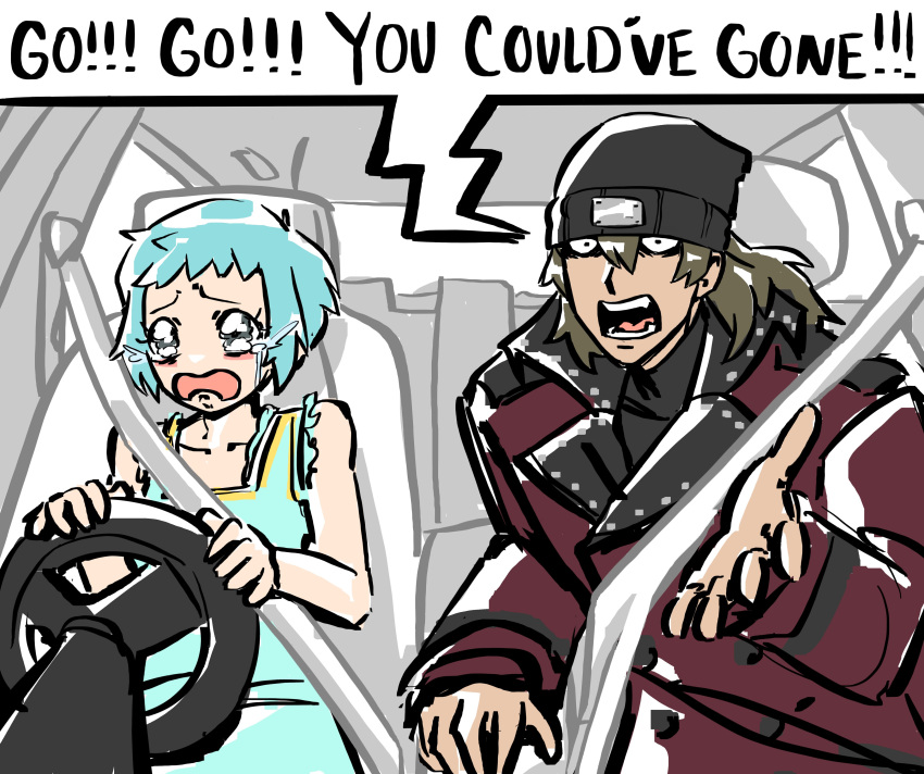 1boy, 1girl, absurdres, aqua_dress, aqua_hair, aragaki_shinjirou, black_hat, black_sweater