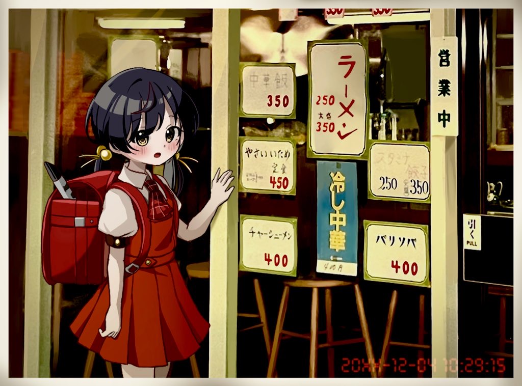 1girl, ascot, backpack, bag, black_hair, blush, commentary, dress