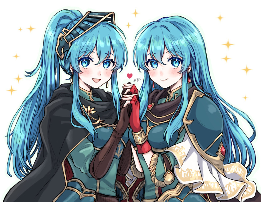 2girls, aqua_hair, armor, breastplate, brown_gloves, eirika_(fire_emblem), eirika_(pledged_restorer)_(fire_emblem), eirika_(resolute_princess)_(fire_emblem)