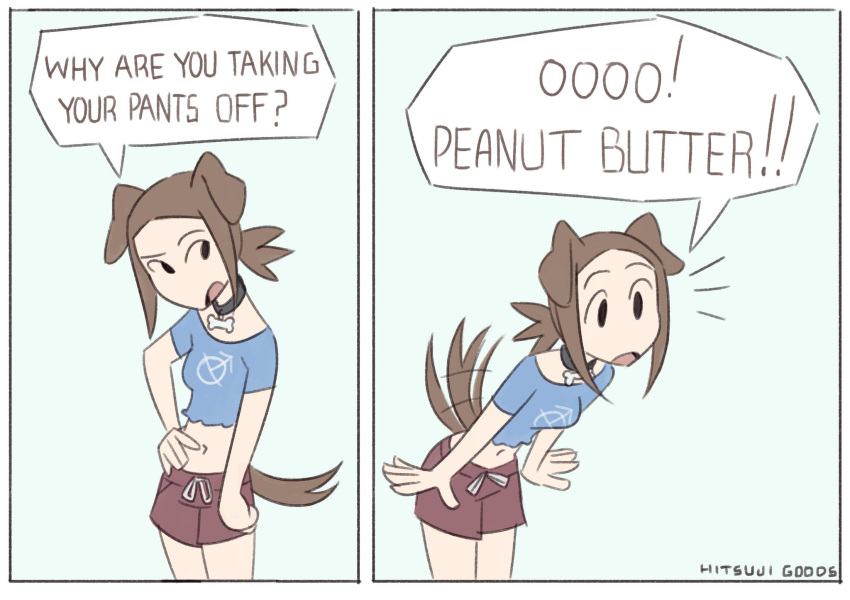 1girl, bent_over, blue_shirt, brown_eyes, brown_hair, collar, comedy, comic, dog_ears, dog_girl, dog_tail, english_text, female, hitsujigoods, navel, ponytail, shorts, simple_background, small_breasts, solo, vivi_(hitsujigoods)