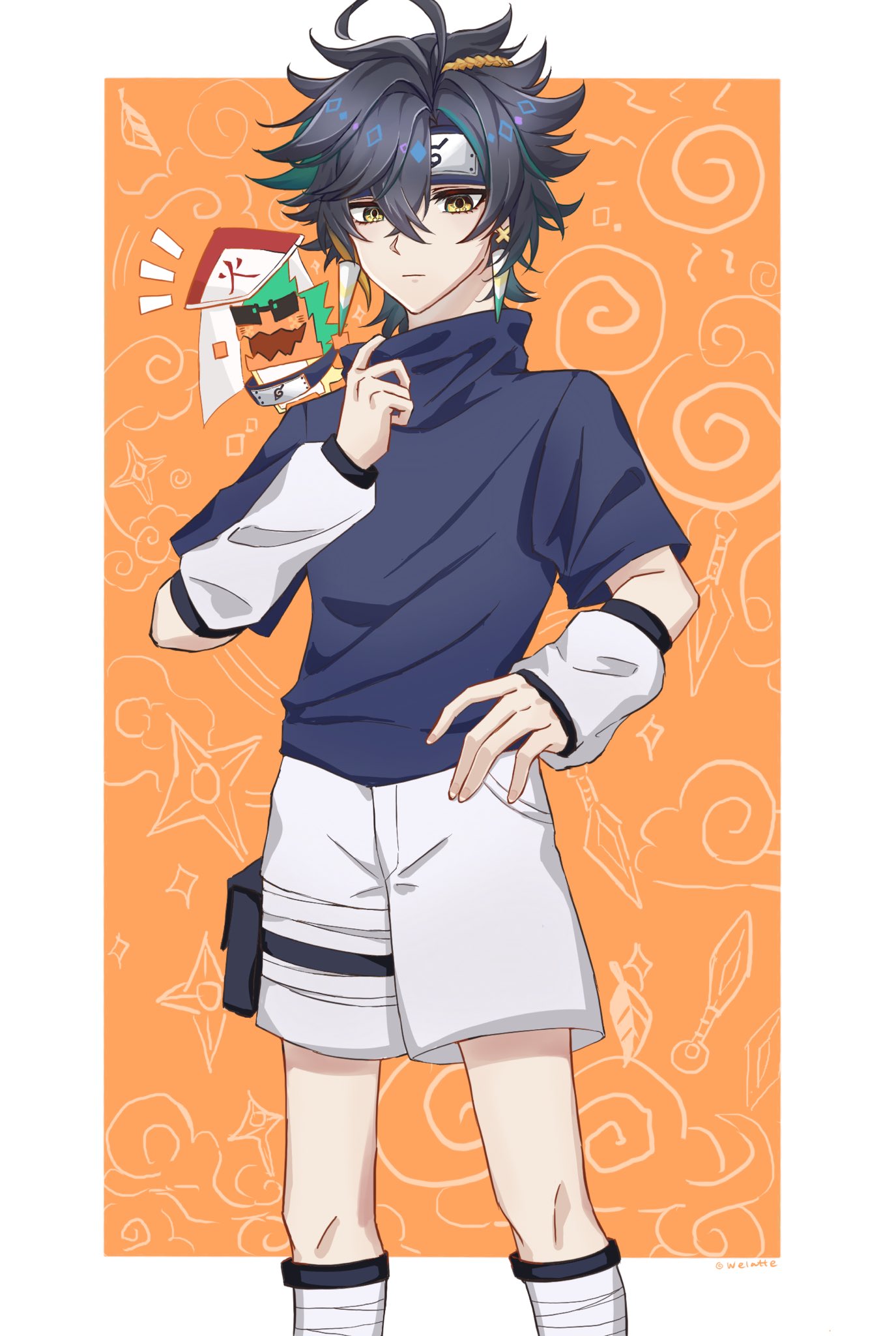 1boy, ajaw_(genshin_impact), bandaged_leg, bandages, black_hair, blue_shirt, closed_mouth, cosplay, detached_sleeves, earrings, genshin_impact, hair_between_eyes, headband, highres, jewelry, kinich_(genshin_impact), looking_at_viewer, male_focus, multicolored_hair, naruto, naruto_(series), shirt, short_hair, short_sleeves, shorts, solo, sugiyama_noriaki, turtleneck, uchiha_sasuke, uchiha_sasuke_(cosplay), voice_actor_connection, welatte, white_shorts, white_sleeves, yellow_eyes