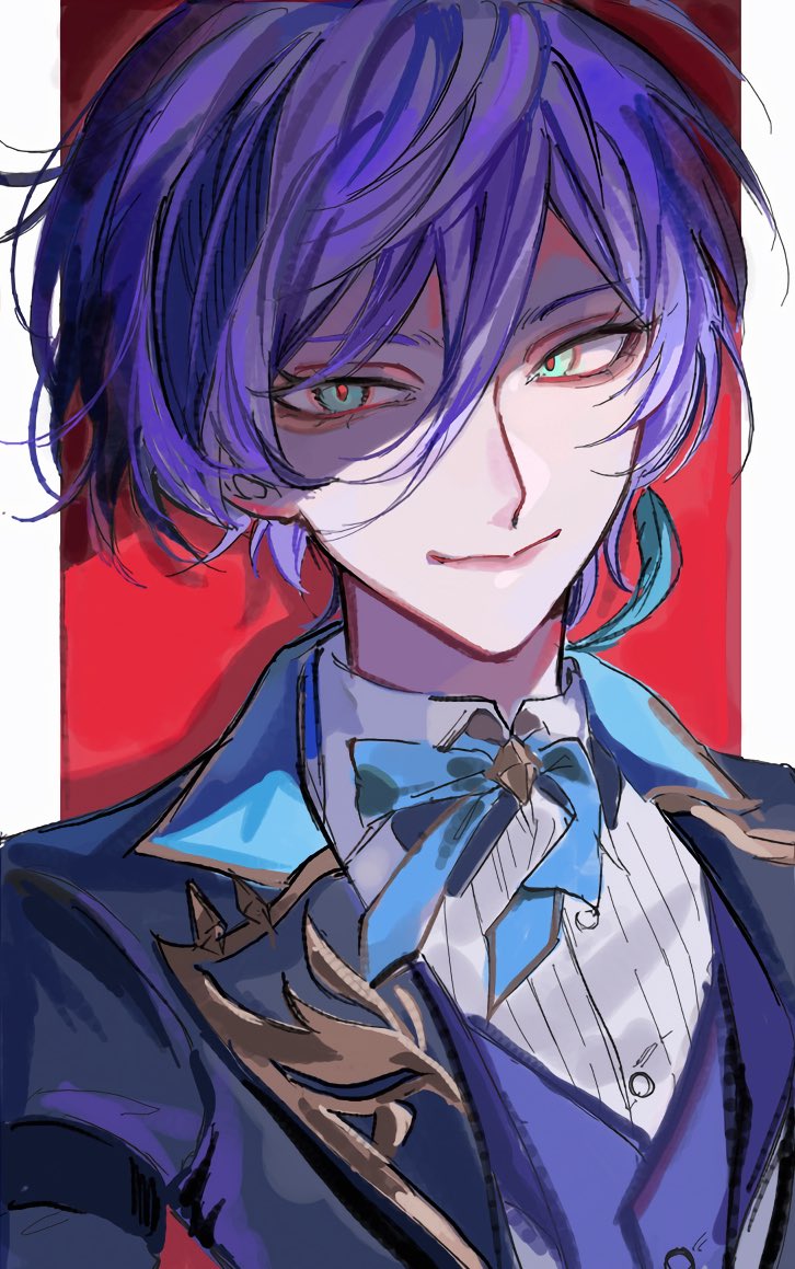 1boy, bishounen, blue_bow, blue_bowtie, blue_eyes, blue_vest, bow, bowtie