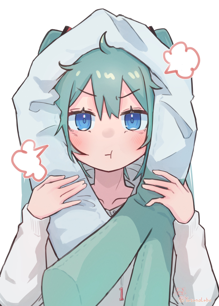 1girl, :t, blue_eyes, blue_hair, blush, hair_ornament, hatsune_miku, highres